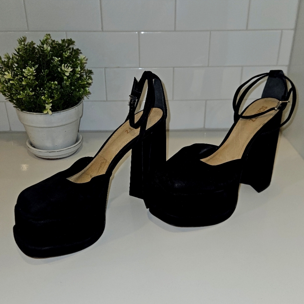 SCHUTZ Women's Luan Platform High Heels Nubuck Leather Black Size 9 9B | AQ